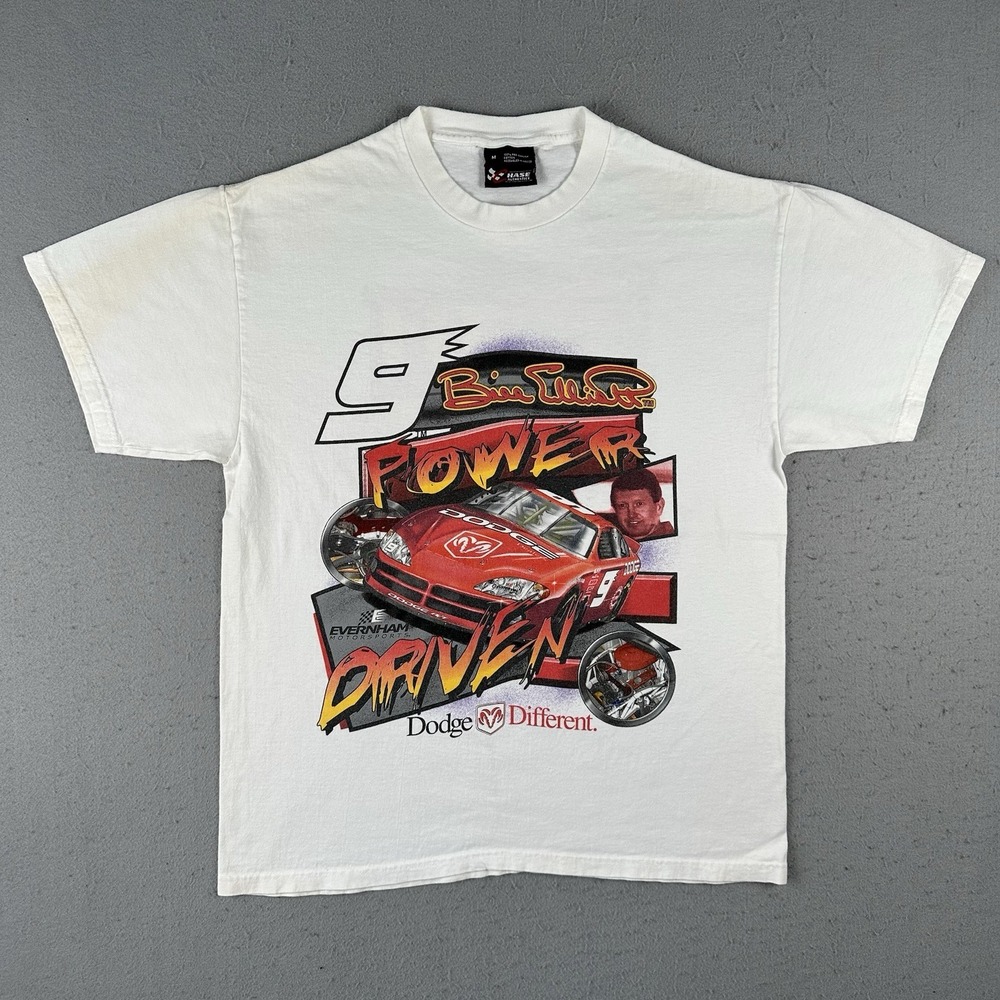 Vtg Y2K Bill Elliott‎ Racing T Shirt Medium White Double Sided Dodge 9 Beast